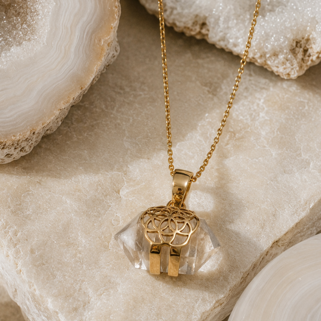 Colgante flor de la vida dorado con cuarzo fondo con piedras y Agatha.