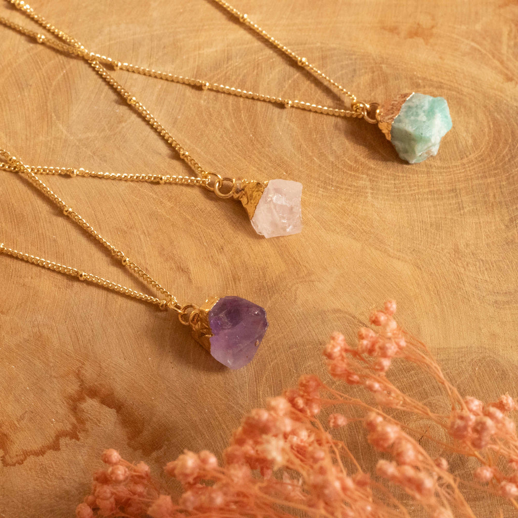 Collar oro amatista, amazonita y cuarzo rosa