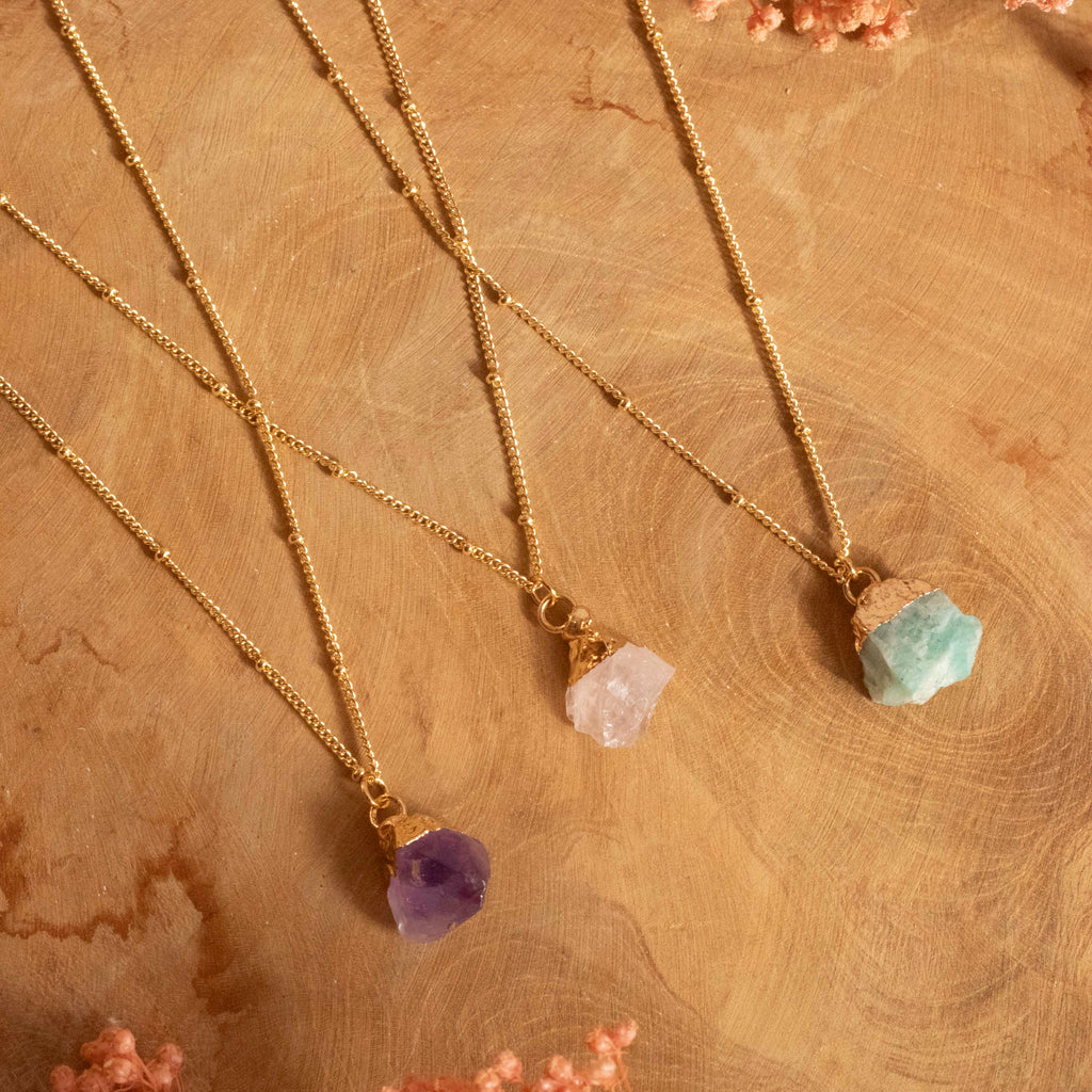 Collar oro piedra amatista, cuarzo rosa y amazonita