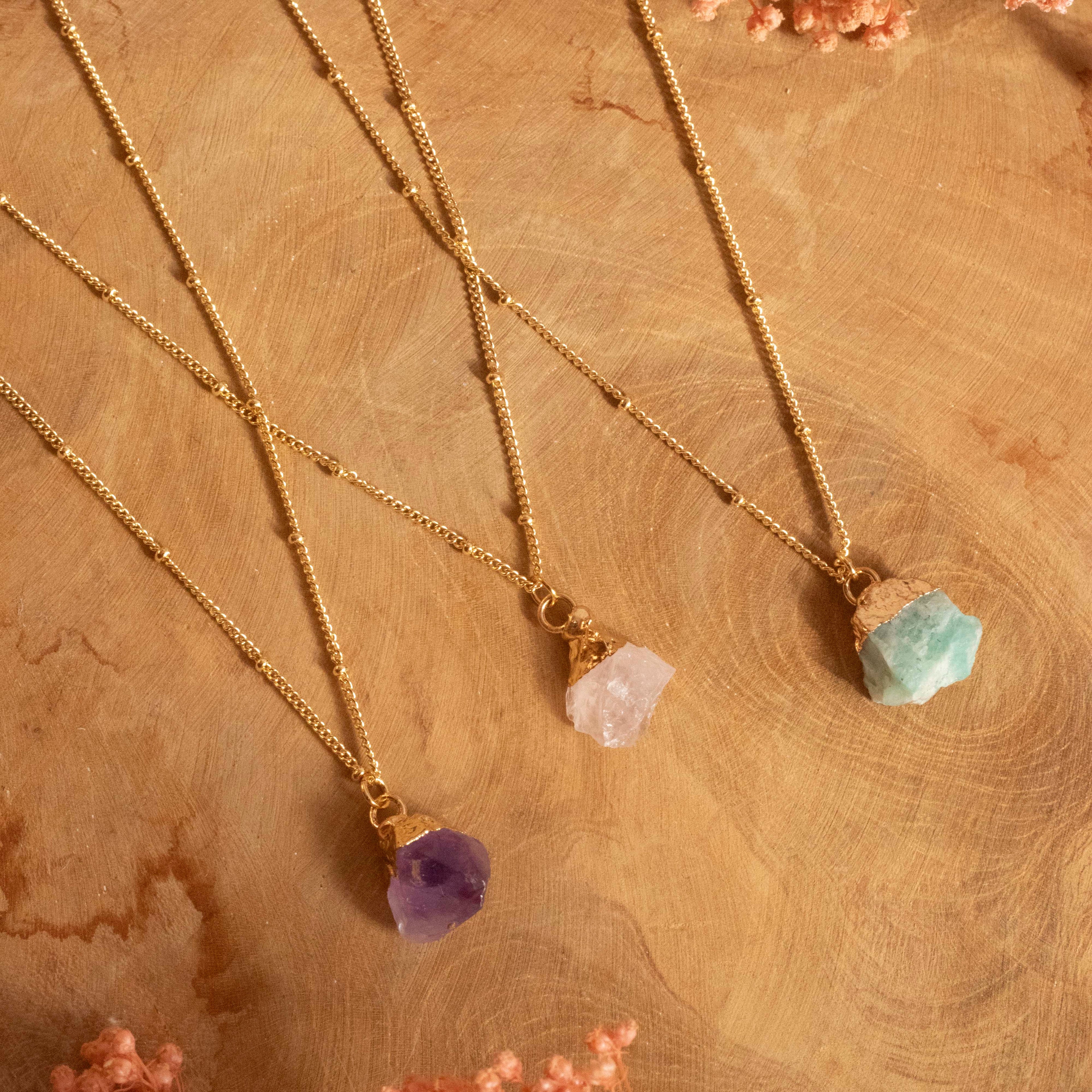 Collar oro piedra amatista, cuarzo rosa y amazonita