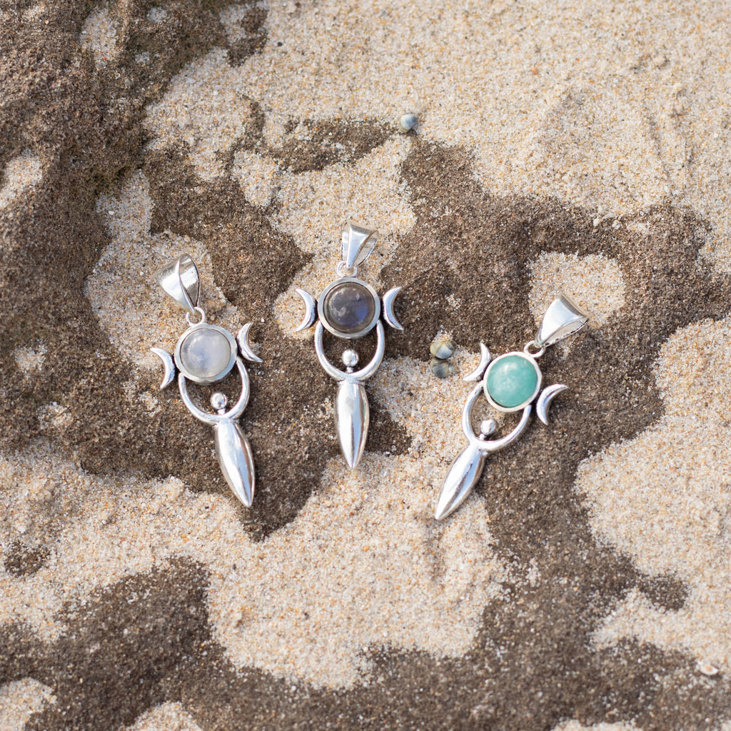 colgante chandra piedra lunar, amazonita y labradorita plata