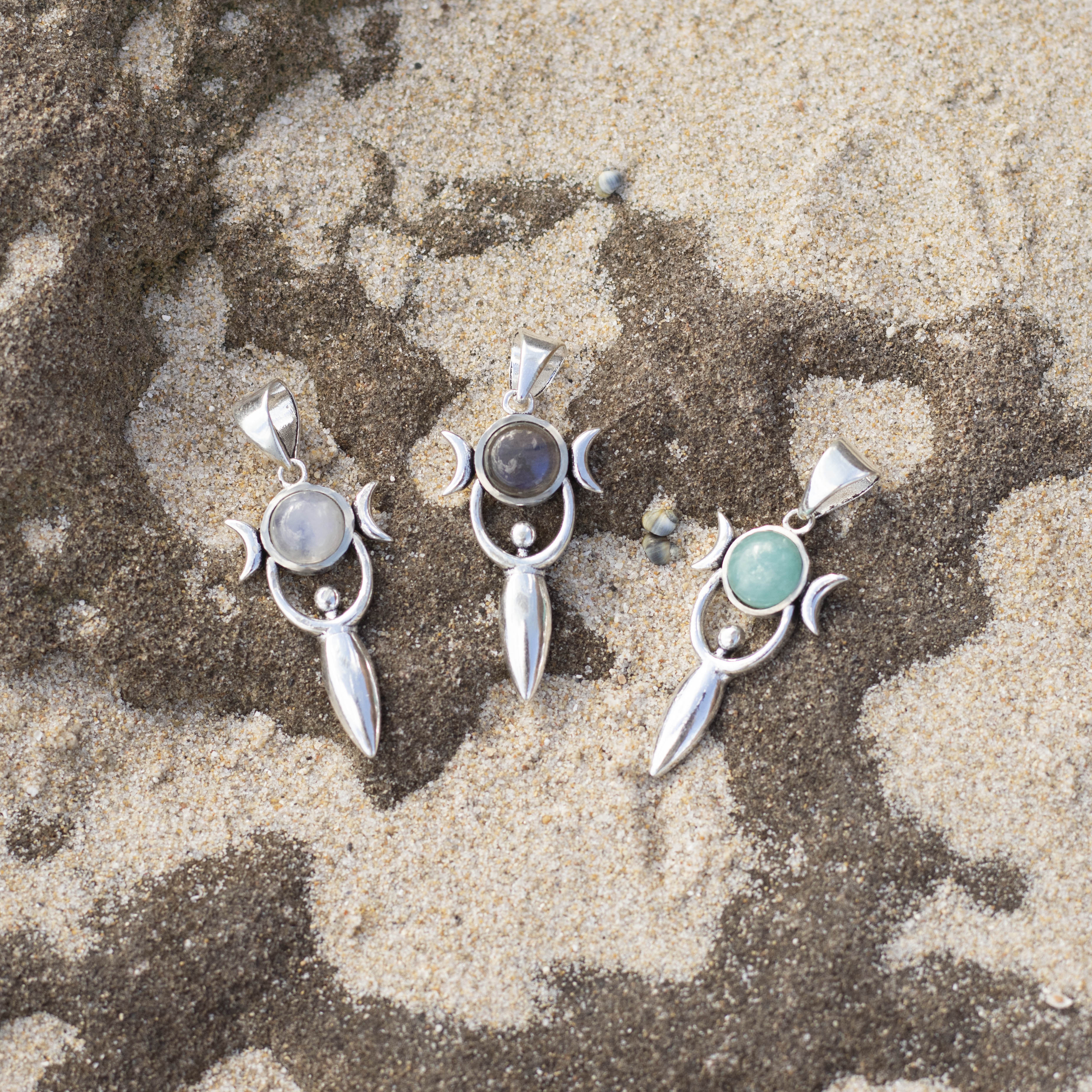 colgante chandra piedra lunar, amazonita y labradorita plata