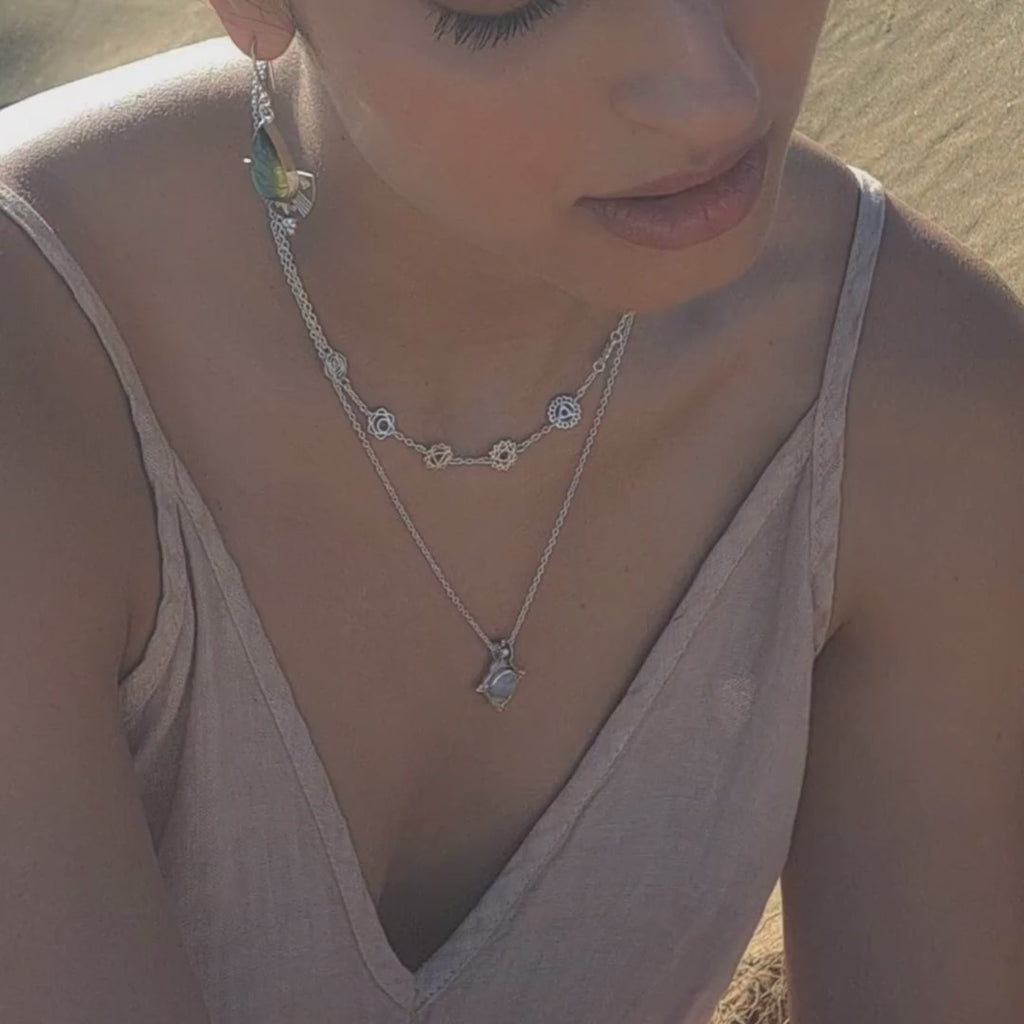 modelo con choker chakras, collar kala piedra lunar y pendientes shasha labradorita