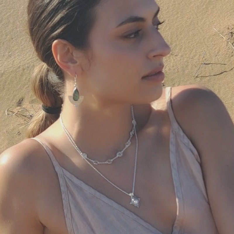 modelo con collar kala, choker chakras y pendientes shasha labradorita.